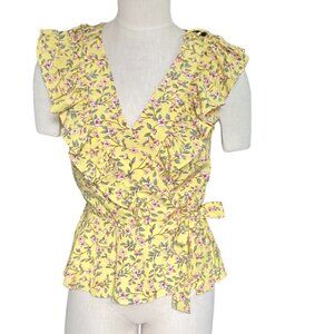Milk & Honey Floral Wrap Blouse Yellow Ruffles Peplum Flutter Sleeve Sz S 149D